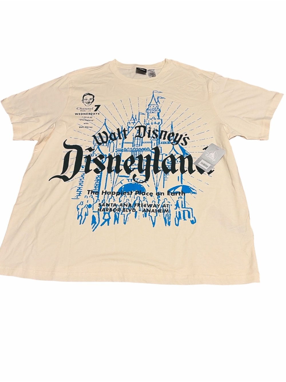 Disney Cream Short Sleeve Disneyland Graphic Tee with Blue & Black Print